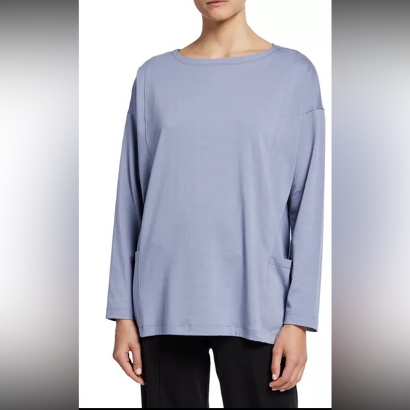EILEEN FISHER Organic Cotton Stretch BATEAU-NECK LONG-SLEEVE JERSEY POCKET TOP - Picture 2 of 12